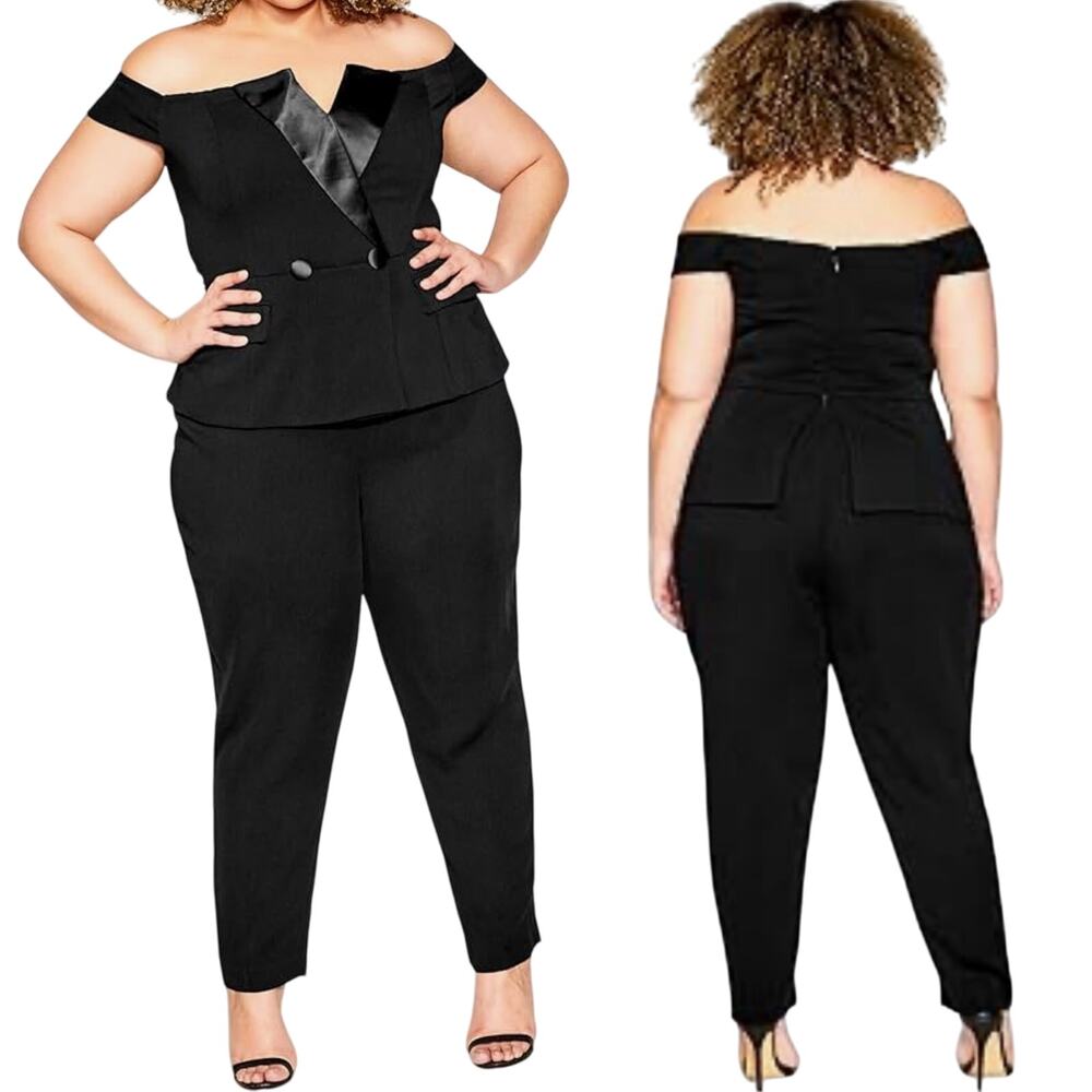 City Chic Tux Jumpsuit Off Shoulder Peplum Waist Taper Leg Black Plus Womens 14W